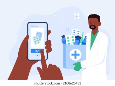 Human hand holding smartphone for online order of medicines. An African-American pharmacist with medical purchases. Online pharmacy, prescription medicines order. Vector flat illustration.