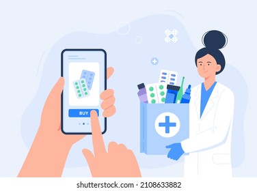 Mano humana sosteniendo un smartphone para el pedido en línea de medicamentos. Una farmacéutica con compras médicas. farmacia en línea, medicamentos de entrega, medicamentos de venta con receta Ilustración plana vectorial.