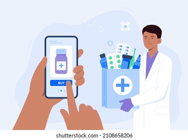 Human hand holding smartphone for online order of medicines. An Indian pharmacist with medical purchases. Online pharmacy, delivery drugs, prescription medicines order. Vector flat illustration.