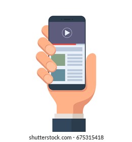 Human hand holding smartphone with online video hosting on the screen.  Mobile video streaming technologies. Vector illustration in flat style isolated on white background
