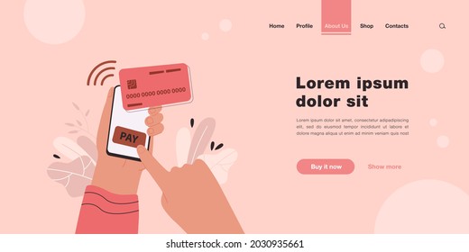 Human hand holding smartphone and paying online isolated flat vector illustration. Cartoon electronic wireless payment by credit card. Digital technology and shopping concept