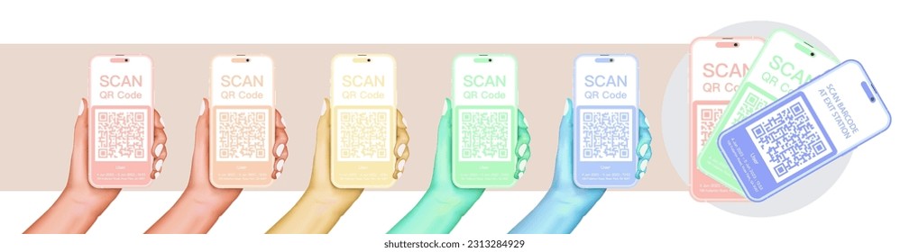 Human hand holding smartphone with QR Code vector illustration. Realistic smartphone mockup. Phone with different colours. Vector.