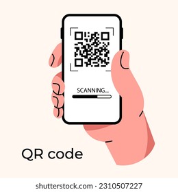A human hand is holding a smartphone. Scan the QR code. Phone screen and fingers. Link to the website