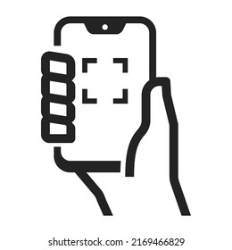 Human Hand Holding Smartphone With Screenshot Photo Camera Viewfinder Linear Vector Illustration. Person Photographing On Mobile Phone Screen Grid Composition Cinematic Zoom Camcorder Isolated