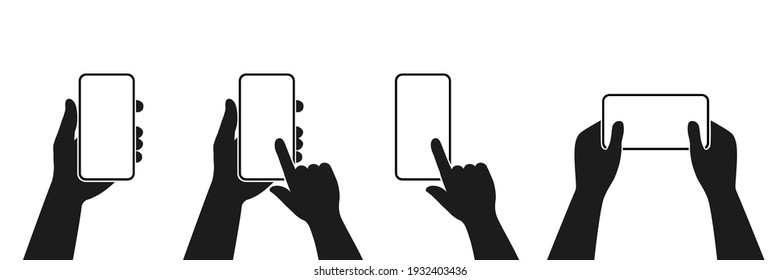 Human Hand Holding Smartphone Set Icon. Touching Smartphone Display. Phone Holding Flat Icon Sign. Human Hands Hold Vertically And Horizontally Mobile Phone. Phone In Hand And Click Finger Sign.