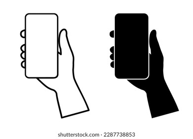 Human hand holding smartphone set icon. Phone holding flat icon sign. Human hands hold vertically mobile phone. Phone in hand sign - stock vector