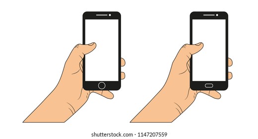 Human hand holding smartphone. Smart mobile phone flat vector illustration on a white background.