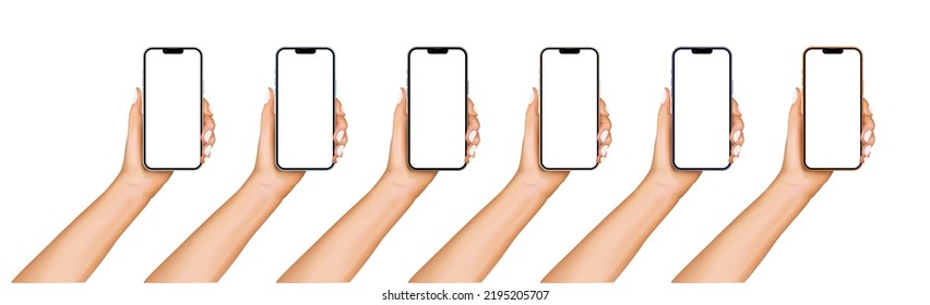 Human hand holding smartphone and smart mobile phone flat vector illustration. Realistic smartphone mockup. Phone with different colours. Vector. svg