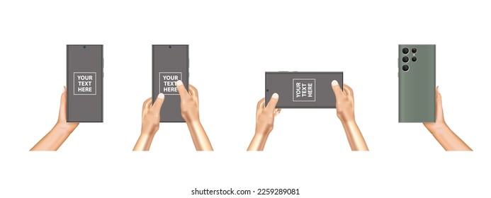 Human hand holding smartphone and smart mobile phone flat vector illustration. Realistic smartphone mockup. Phone with different colours. Vector.