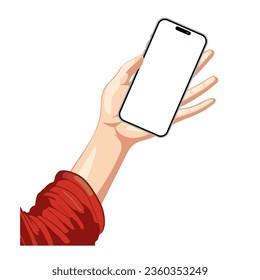 Human hand holding smartphone and smart mobile phone flat vector. Vector cartoon hand-holding smartphone with white blank screen isolated on white background.