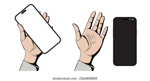 Human hand holding smartphone and smart mobile phone flat vector illustration. Realistic smartphone mockup. Vector.