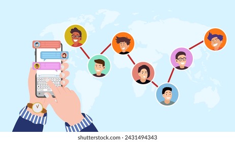 Human hand holding smartphone with social messenger of Group chat or online conference all over the world, Avatars and human face icon with global connectivity and communication concept. Vector.