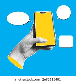 Mano humana que sostiene el smartphone con las burbujas del discurso. Anuncio de collage de moda. Concepto de comunicación en línea. Arte moderno con efectos de medio tono. Ilustración de arte pop Vector.