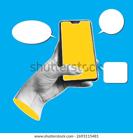 Human hand holding smartphone with speech bubbles. Trendy collage banner. Online communication concept. Modern art with halftone effects. Vector pop art illustration.