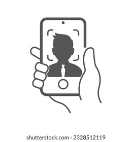 Human hand holding smartphone taking photo for selfie line art icon vector illustration