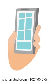 Human hand holding a smartphone and tapping on touch screen vector cartoon illustration isolated on white background.