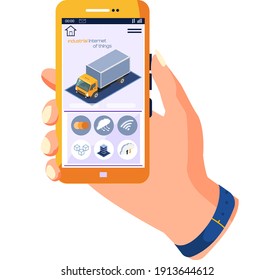 Human hand holding smartphone with truck and industrial internet of things icons, smart logistics services, technologies of future. Innovative industrial transportation. Road transport services
