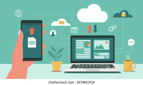 Mano humana que contiene información de archivos de carga de smartphone en la base de datos de la red de tecnología de computación en nube y conexión a la ilustración de portátil, vector plano