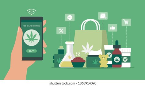 human hand holding smartphone using mobile application order cannabis or CBD products online, flat vector illustration