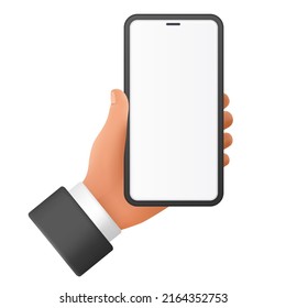 Mano humana sosteniendo un smartphone. Uso y trabajo con gadget de teléfono móvil 3d ilustración de caricatura