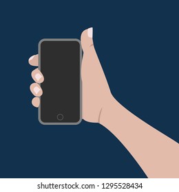Human hand holding smartphone. Vector illustration, flat design.