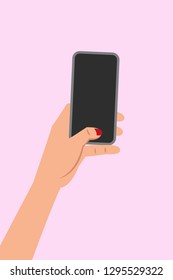 Human hand holding smartphone. Vector illustration, flat design.