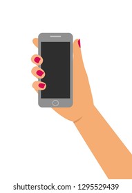 Human hand holding smartphone. Vector illustration, flat design.
