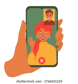 A human hand holding a smartphone video call on the screen of a guy with a girl online during an outbreak of COVID-19. Video conference. quarantine concept. Flat vector isolated illustration.