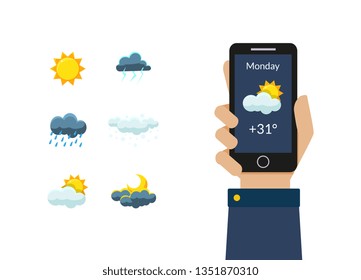 Human Hand Holding Smartphone with Weather Forecast Application, Sun, Clouds, Thunderstorm, Night and Day Design Elements Vector Illustration