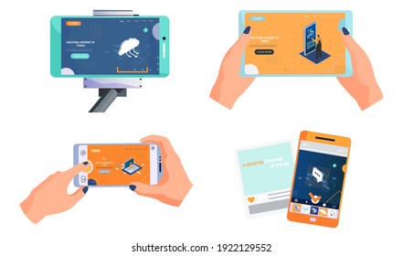 Handheld, der Smartphone-Webseite mit modernen Technologien und Eigenschaften des technologischen Fortschritts hält Intelligente industrielle Produktion innovative Methoden der Informationsverarbeitung Satz von vier Szenen