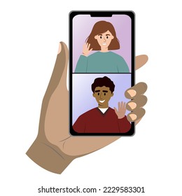 A human hand holding a smartphone. Young man and a woman are having a conversation through a video call. Friends waving by hand from telephone screen. Flat vector illustration.