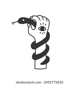 Human Hand Holding Snake Doodle. Hand drawn mystical symbol. Line spiritual esoteric icon. Isolated vector illustration