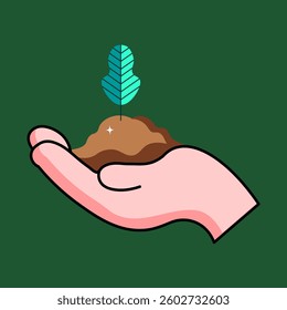 A human hand holding soil with a young tree, representing environmental care, sustainability, and climate awareness in a vector illustration.