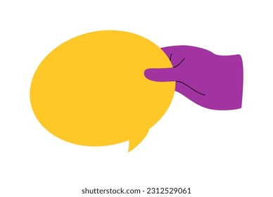 Menschliche Hand hält Redeblase mit Ideen Kommentar Information Meinung oder Nachricht. Farbige Vektorgrafik
