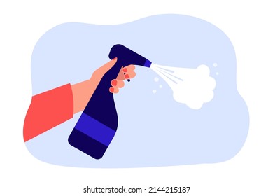 Human hand holding spray bottle with detergent. Person washing surface with antibacterial, sanitizing and disinfecting product flat vector illustration. Hygiene, health, coronavirus prevention concept