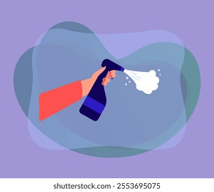 Human hand holding spray bottle with detergent. Person washing surface with antibacterial, sanitizing and disinfecting product flat vector illustration. Hygiene, health, coronavirus prevention concept