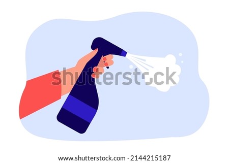 Human hand holding spray bottle with detergent. Person washing surface with antibacterial, sanitizing and disinfecting product flat vector illustration. Hygiene, health, coronavirus prevention concept