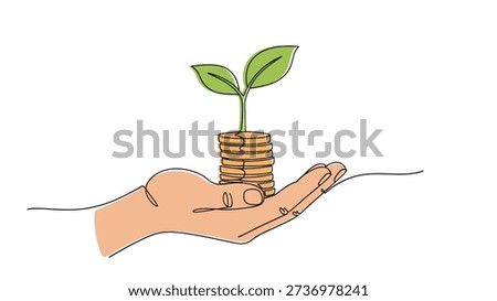 Human hand holding a stack of coins with a small plant growing out of it symbolizing financial growth, investment, and prosperity.