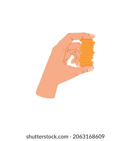 Mano humana sujetando la pila de monedas doradas, ilustración vectorial plana aislada en fondo blanco. Señal o símbolo de pagos y riqueza, pieza de dinero de oro en mano.