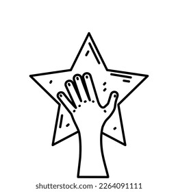Human hand holding a star. Feedback consumer or customer review concept. Vector illustration isolated on white background.