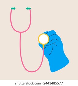 Human hand holding stethoscope. Colorful vector illustration