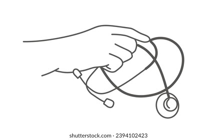 Human hand holding stethoscope. Hand drawn vector illustration. Black and white.