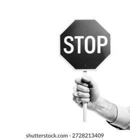 Mão humana segurando um sinal de stop. Ilustração monocromática mínima de meio-tom simbolizando aviso, proibição, controle, regulamentação, segurança, regras, restrição e decisão sobre fundo branco.