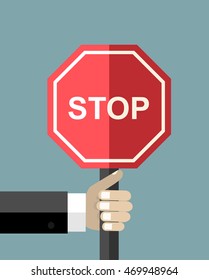 Human hand holding stop sign. Vector illustration flat design.