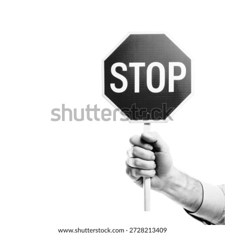 Human hand holding a stop sign. Minimal monochrome halftone illustration symbolizing warning, prohibition, control, regulation, safety, rules, restriction, and decision on white background.