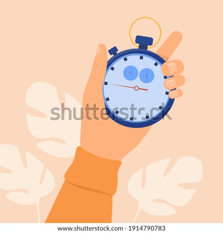 Human hand holding stopwatch. Arrow, clock, meter flat vector illustration. Measurement and time management concept for banner, website design or landing web page