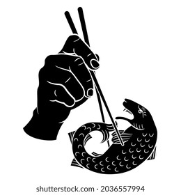 Human hand holding stylized funny fish with chopsticks. Creative seafood concept. Black and white negative silhouette.