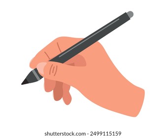 Human hand holding stylus, writing or drawing. Vector cartoon linear doodle illustration