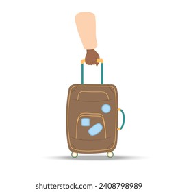 Human hand holding suitcase by handle. Brown suitcase with retractable handle and on wheels for travel and business trips. Flat vector illustration of traveler's luggage in old style