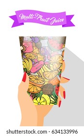 Human Hand Holding Summer Fruit Juice Smoothie Food Doodles Icons and Symbols Texture Pattern Cup Vector Art Illustration